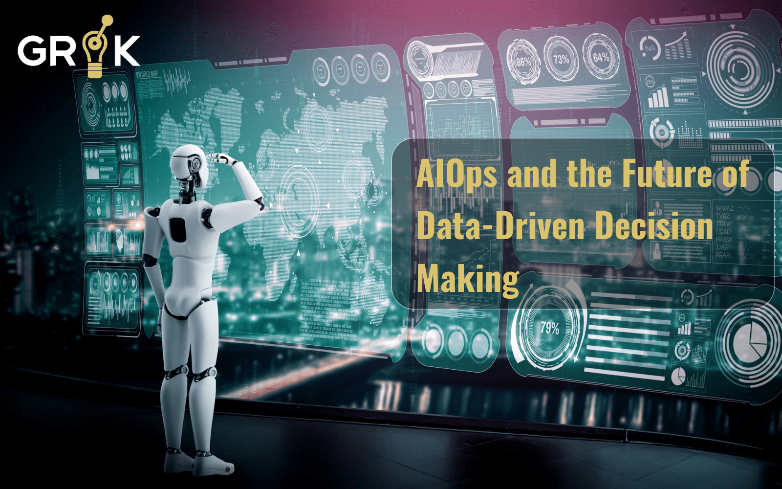 Humanoid robot engaging with an advanced analytics dashboard, epitomizing the impact of AIOps on strategic business intelligence and data-driven decision-making.