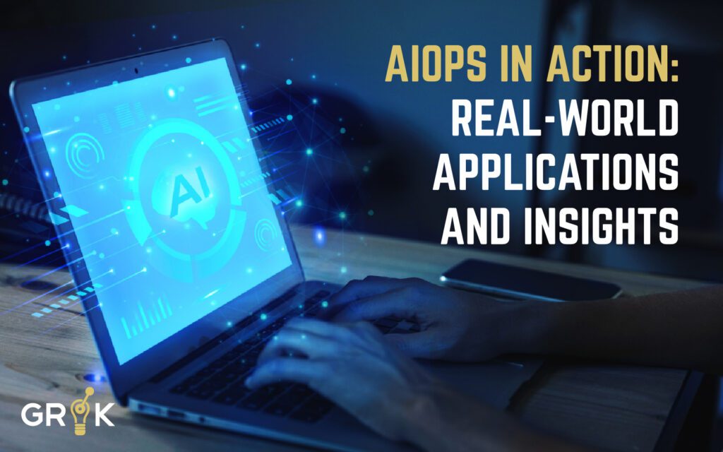 A user interacts with a laptop displaying AI symbols and analytics, representing 'AIOps in business' as a transformative tool for real-world applications and providing valuable insights to enhance business operations.