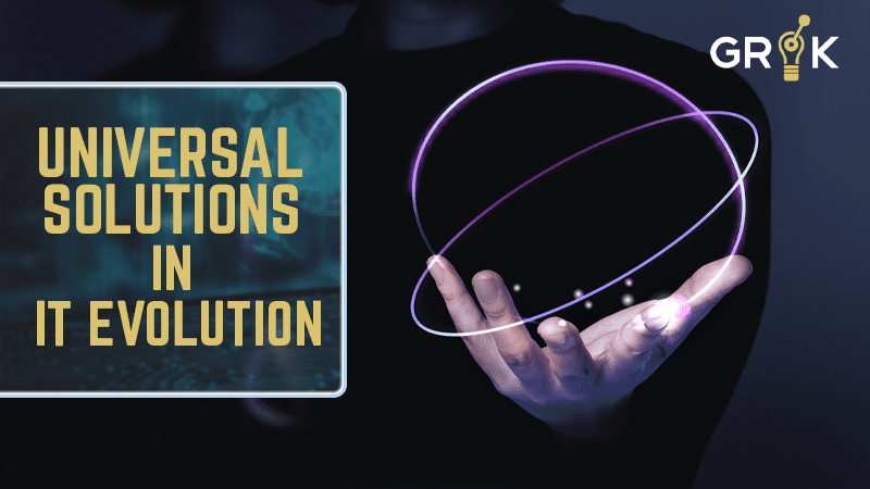 A hand holding a luminous, orbit-like structure against a dark background with the text "UNIVERSAL SOLUTIONS IN IT EVOLUTION" and the Grok logo, representing the cutting-edge trends in AIOps for 2023.