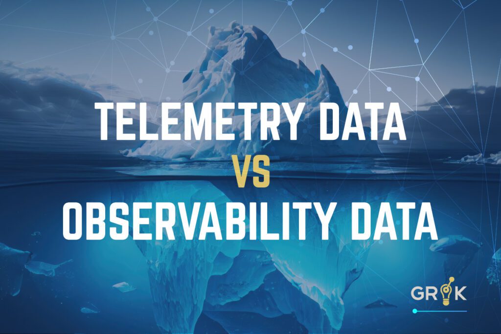 An iceberg illustration comparing telemetry vs observability, where telemetry is represented by the tip above water and observability is the larger portion underwater.